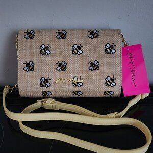 Betsey Johnson Straw  Flap Crossbody Embroidered  Bumblebee Accents NWT